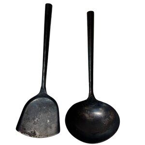 Antique Handforged Ladle & Wok Spatula Double Happiness Rustic Set